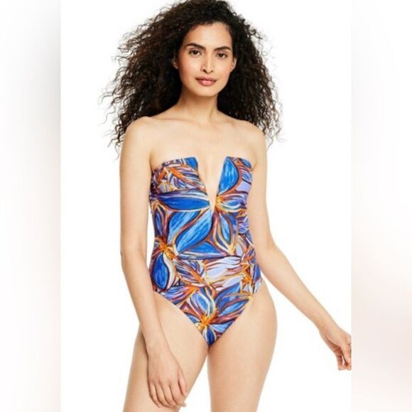Fe Noel Women's Leafy Palm Print Deep Vneck High Leg Cheeky One Piece NWT XXS - Picture 1 of 5